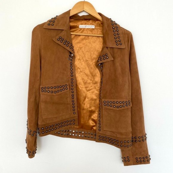 MINISTRY OF STYLE Grain Leather Suede Tan Jett Studded Jacket RRP$689 - Picture 9 of 12